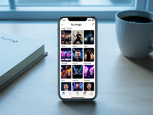 A modern smartphone held vertically displays the FaceMagic mobile app interface, showing a grid of cinematic face-swap template thumbnails featuring action and music-video scenes. The phone rests on a clean light wooden desk with a notebook and a coffee cup nearby. Soft cool daylight from a window above falls onto the screen, producing crisp UI legibility and gentle shadows on the wood. Style: editorial product photography. Mood: calm and inviting.