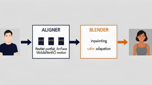 Clean infographic-style technical diagram showing two labeled processing blocks connected left-to-right by arrows. The first block reads "ALIGNER" with three small icons inside representing three encoders, captioned "ResNet portrait, ArcFace identity, MobileNetV2 motion." The second block reads "BLENDER" with two smaller labels "inpainting" and "color adaptation." Source images of a donor head and a target body photo enter from the left, a single composited result image exits to the right. Flat vector illustration on a light gray background, soft even ambient light without shadows, navy blue and warm orange accent colors. Crisp sans-serif labels in capital letters.