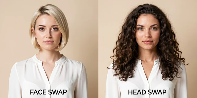 Side-by-side comparison of two portrait photos generated from the same source image, the left frame labeled "FACE SWAP" showing a woman with the donor's facial features but the original short blond bob hairstyle preserved, the right frame labeled "HEAD SWAP" showing the same body and background but with the donor's full long curly dark-brown hair and head shape. Both subjects wear the identical white blouse against a soft beige studio backdrop. Even diffused softbox light from the front-left, neutral color temperature, gentle shadow falloff on the cheekbones. Editorial photographic style, clean and instructional, suitable for a tech explainer.