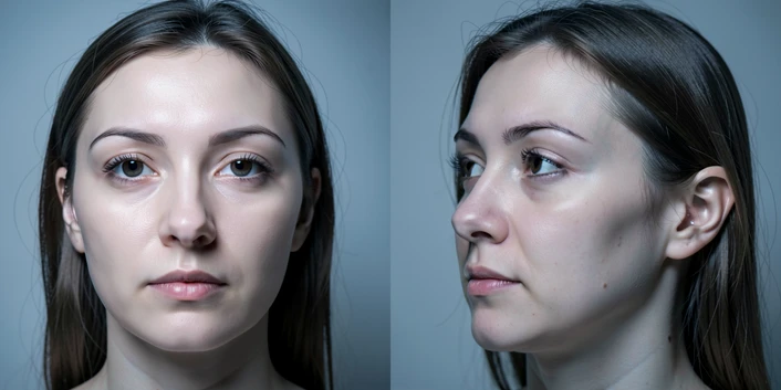 A two-panel before-and-after comparison portrait, the left panel showing a clean frontal face swap with smooth skin tone matching and natural shadows under the cheekbones, the right panel showing a profile-versus-frontal mismatch with a blurry jawline and a doubled brow edge, photographed in a small studio setting with soft diffused key light from the upper left, cool neutral atmosphere highlighting the technical contrast.