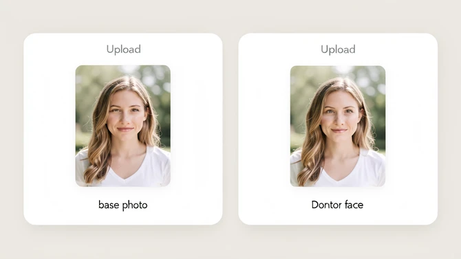 A clean web interface screenshot showing two side-by-side upload zones for portrait photos, with the left labeled base photo and the right labeled donor face, set against a soft neutral background with rounded card edges, lit by even soft daylight from above, feeling minimal and approachable, optimized for first-time users.
