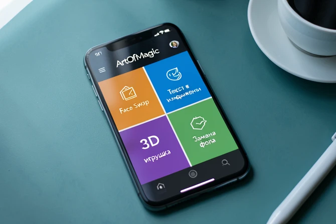 A flat-lay smartphone display showing the ArtOfMagic AI main menu, screen split into colorful tiles labeled in Russian 'Face Swap', 'Текст в изображение', '3D-игрушка', and 'Замена фона', the phone lying on a matte teal desk surface beside a coffee cup and a stylus, soft diffused window light from the upper left creating gentle highlights on the glass, cool morning temperature, calm editorial product-shot atmosphere.