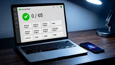 A laptop screen displaying a security scan dashboard with a large green checkmark next to the text '0 / 65', a clean grid of antivirus engine names below it all marked 'clean', the laptop sitting on a dark walnut desk with a smartphone showing the ArtOfMagic AI icon resting beside the keyboard, focused cool LED light from a desk lamp at the upper right casting crisp shadows on the keys, slightly tense investigative atmosphere balanced by the reassuring green status color.