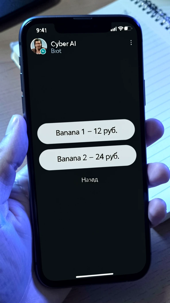 A vertical smartphone screenshot of a Telegram chat with the Cyber AI bot, centered on a message that displays two large inline buttons labeled 'Banana 1 – 12 руб.' and 'Banana 2 – 24 руб.', stacked above a smaller 'Назад' button. The phone is held at a slight angle by a hand, and the screen glow casts cool blue light onto pale fingers; the background is an out-of-focus desk with a notebook. The overall feel is documentary, like a how-to screenshot in a tech blog.