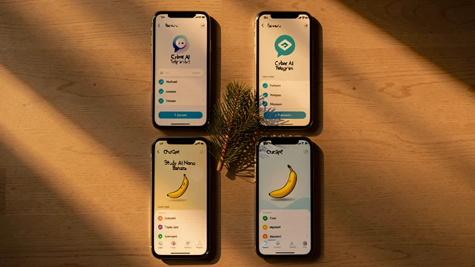 A flat lay of four smartphone screens arranged in a 2x2 grid on a wooden table, each showing the upload interface of a different AI image service: facee.ru, the Cyber AI Telegram bot, Study AI Nano Banana, and ChatGPT. Soft warm overhead window light at golden hour grazes across the screens, casting gentle shadows from a small pine branch placed in the center between the phones. The mood is calm, editorial, like a tech magazine product comparison shot.
