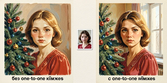 A side-by-side comparison of two vertical Soviet-style New Year postcards rendered in gouache and tempera on textured paper, both showing a young woman by a decorated fir tree. The left card shows a generic, idealized face with no resemblance to a real person and is labeled 'без one-to-one likeness'; the right card shows a clearly recognizable individual face with the same hair and features as a small reference photo placed between them, labeled 'с one-to-one likeness'. Soft, even daylight from a window on the right warms the paper texture; the mood is illustrative and didactic, like a magazine before-and-after spread.
