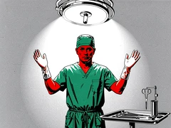 A surgeon in green scrubs, surgical cap, and latex gloves stands in a bright operating theatre, arms raised slightly in a sterile ready position, stainless steel instruments on a tray beside them, overhead surgical lamp directly above. The surgical lamp creates a perfectly circular pool of harsh white light on the figure, with the rest of the room falling into flat grey. Raw photocopy zine aesthetic, brutalist DIY print energy with high-contrast pure white #FFFFFF and pure black #000000, disrupted by aggressive red #FF0000 accents and muted grey #F2F2F2 mid-tones. Flat hard daylight with crushed shadows and no soft falloff. Style: brutalist zine. Mood: confrontational.