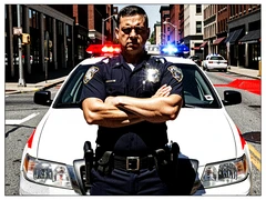 A police officer in a dark navy uniform with badge, shoulder patches, and utility belt stands in front of a patrol car on a city street, arms crossed, stance wide and authoritative, police lights visible on the car roof behind. Harsh midday sun hits the badge directly, creating a sharp metallic glint against the dark fabric. Raw photocopy zine aesthetic, brutalist DIY print energy with high-contrast pure white #FFFFFF and pure black #000000, disrupted by aggressive red #FF0000 accents and muted grey #F2F2F2 mid-tones. Flat hard daylight with crushed shadows and no soft falloff. Style: brutalist zine. Mood: confrontational.
