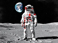 An astronaut in a white NASA-style spacesuit with a reflective visor helmet stands on a grey lunar surface, Earth visible as a large sphere in the black sky above, boot prints in the dust around the figure, mission patch on the left arm. Stark unfiltered sunlight from the side creates razor-sharp shadows on the suit's textured surface with zero atmospheric diffusion. Raw photocopy zine aesthetic, brutalist DIY print energy with high-contrast pure white #FFFFFF and pure black #000000, disrupted by aggressive red #FF0000 accents and muted grey #F2F2F2 mid-tones. Flat hard daylight with crushed shadows and no soft falloff. Style: brutalist zine. Mood: confrontational.