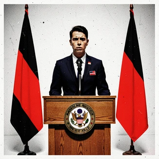 A person in a formal dark navy suit with a flag pin on the lapel stands at an official wooden podium with a microphone, a national seal mounted on the front panel, two tall flags flanking the scene on either side. Flat frontal broadcast lighting from two symmetrical sources eliminates all shadows and gives the image a clean press-conference look. Raw photocopy zine aesthetic, brutalist DIY print energy with high-contrast pure white #FFFFFF and pure black #000000, disrupted by aggressive red #FF0000 accents and muted grey #F2F2F2 mid-tones. Flat hard daylight with crushed shadows and no soft falloff. Style: brutalist zine. Mood: confrontational.