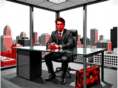 A person in a sharp charcoal three-piece business suit sits behind a large glass desk in a modern corner office, hands folded on the desk surface, a city skyline visible through floor-to-ceiling windows behind them, a leather briefcase resting on the floor beside the chair. Cold flat office fluorescent light falls evenly across the suit, eliminating soft gradients. Raw photocopy zine aesthetic, brutalist DIY print energy with high-contrast pure white #FFFFFF and pure black #000000, disrupted by aggressive red #FF0000 accents and muted grey #F2F2F2 mid-tones. Flat hard daylight with crushed shadows and no soft falloff. Style: brutalist zine. Mood: confrontational.