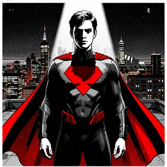 A person dressed in a dark superhero suit with a bold red chest emblem stands on a city rooftop at night, cape spread behind them, the glowing skyline of a metropolis filling the background with lit windows and distant towers. A single harsh upward spotlight cuts across the suit from below, throwing deep crushed shadows across the chest and neck. Raw photocopy zine aesthetic, brutalist DIY print energy with high-contrast pure white #FFFFFF and pure black #000000, disrupted by aggressive red #FF0000 accents and muted grey #F2F2F2 mid-tones. Flat hard daylight with crushed shadows and no soft falloff. Style: brutalist zine. Mood: confrontational.