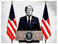 A figure in a formal dark navy presidential suit with a flag pin on the lapel stands at a wooden podium with a microphone, an official seal on the front of the podium, two national flags flanking the background on tall poles. Flat frontal press-conference lighting from two sources eliminates all shadows, giving the scene a broadcast-ready flatness. Raw photocopy zine aesthetic, brutalist DIY print energy with high-contrast pure white #FFFFFF and pure black #000000, disrupted by aggressive red #FF0000 accents and muted grey #F2F2F2 mid-tones. Flat hard daylight with crushed shadows and no soft falloff. Style: brutalist zine. Mood: confrontational.