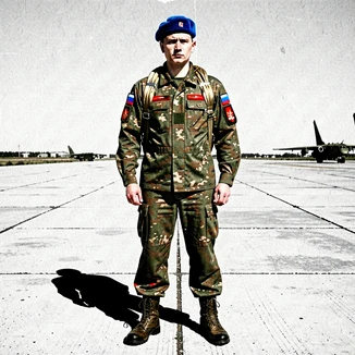 A person wearing a Russian airborne forces uniform with a blue beret and camouflage jacket stands on a military airfield, posture straight and confident, insignia patches on the sleeves, parachute harness over the shoulders, boots planted firmly on the tarmac. Flat harsh overhead sunlight bleaches the concrete and creates hard black shadows directly beneath the figure with no soft falloff. Raw photocopy zine aesthetic, brutalist DIY print energy with high-contrast pure white #FFFFFF and pure black #000000, disrupted by aggressive red #FF0000 accents and muted grey #F2F2F2 mid-tones. Flat hard daylight with crushed shadows and no soft falloff. Style: brutalist zine. Mood: confrontational.