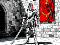 A knight in full polished steel plate armour stands in a stone castle courtyard, visor raised, gauntleted hand resting on the pommel of a broadsword planted in the ground, a heraldic banner hanging from the wall behind. Flat cold daylight from directly above reflects off the armour plates in hard white highlights with no soft gradients. Raw photocopy zine aesthetic, brutalist DIY print energy with high-contrast pure white #FFFFFF and pure black #000000, disrupted by aggressive red #FF0000 accents and muted grey #F2F2F2 mid-tones. Flat hard daylight with crushed shadows and no soft falloff. Style: brutalist zine. Mood: confrontational.