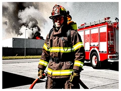 A firefighter in full turnout gear — yellow reflective stripes on a dark jacket, helmet on head, oxygen tank on back — stands in front of a fire truck with hose in hand, a smoke-filled industrial building visible in the background. Harsh direct sunlight from the left side cuts across the reflective stripes, making them blaze white against the dark coat. Raw photocopy zine aesthetic, brutalist DIY print energy with high-contrast pure white #FFFFFF and pure black #000000, disrupted by aggressive red #FF0000 accents and muted grey #F2F2F2 mid-tones. Flat hard daylight with crushed shadows and no soft falloff. Style: brutalist zine. Mood: confrontational.
