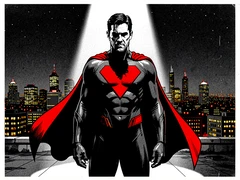 A figure in a sleek dark superhero suit with a bold red chest emblem stands on a rooftop at night, cape billowing behind, city skyline glowing in the background with scattered lit windows and distant towers. A single harsh spotlight from below cuts upward across the suit, creating deep crushed shadows on the chest and jaw. Raw photocopy zine aesthetic, brutalist DIY print energy with high-contrast pure white #FFFFFF and pure black #000000, disrupted by aggressive red #FF0000 accents and muted grey #F2F2F2 mid-tones. Flat hard daylight with crushed shadows and no soft falloff. Style: brutalist zine. Mood: confrontational.