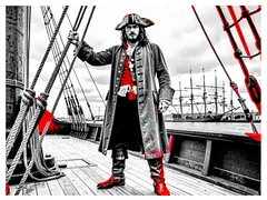A pirate in a weathered tricorn hat, long coat with brass buttons, and leather boots stands on the deck of a wooden sailing ship, one hand gripping the rigging, a harbour with tall masts visible in the background under a cloudy sky. Flat overcast daylight from above removes all warm tones, leaving the scene in cool grey-white contrast. Raw photocopy zine aesthetic, brutalist DIY print energy with high-contrast pure white #FFFFFF and pure black #000000, disrupted by aggressive red #FF0000 accents and muted grey #F2F2F2 mid-tones. Flat hard daylight with crushed shadows and no soft falloff. Style: brutalist zine. Mood: confrontational.