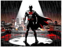 A figure in a sleek black superhero suit with a red chest emblem standing on a rain-slicked rooftop at night, cape billowing in the wind, city skyline glowing behind them. Harsh upward-facing spotlight from below creates dramatic under-lighting with stark white highlights and pitch-black shadows. Atmosphere is cinematic and intense. Raw photocopy zine aesthetic, brutalist DIY print energy with high-contrast pure white #FFFFFF and pure black #000000, disrupted by aggressive red #FF0000 accents and muted grey #F2F2F2 mid-tones. Flat hard daylight with crushed shadows and no soft falloff. Style: brutalist zine. Mood: confrontational.