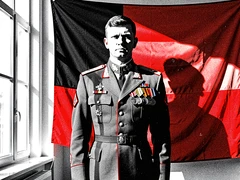 A soldier in full dress military uniform with medals on the chest standing at attention in front of a large national flag, shoulders squared, expression serious. Flat frontal daylight from a large window to the left, hard shadows on the right side of the uniform. Atmosphere is disciplined and formal. Raw photocopy zine aesthetic, brutalist DIY print energy with high-contrast pure white #FFFFFF and pure black #000000, disrupted by aggressive red #FF0000 accents and muted grey #F2F2F2 mid-tones. Flat hard daylight with crushed shadows and no soft falloff. Style: brutalist zine. Mood: confrontational.