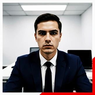 A professional headshot of a person in a navy suit seated at a clean office desk, their face naturally integrated into the scene with matching skin tone and lighting. The expression is composed and direct. Flat cool overhead office light falls evenly across the face, hard shadows beneath the chin and collar. The background shows white walls and a blurred laptop. Atmosphere is corporate and sharp. Raw photocopy zine aesthetic, brutalist DIY print energy with high-contrast pure white #FFFFFF and pure black #000000, disrupted by aggressive red #FF0000 accents and muted grey #F2F2F2 mid-tones. Flat hard daylight with crushed shadows and no soft falloff. Style: brutalist zine. Mood: confrontational.
