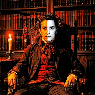 A person's face seamlessly placed onto a figure dressed in 19th-century aristocratic attire, seated in a carved wooden chair inside a candlelit study. The face matches the warm amber tone of the single candle light source, with one side lit and the other in deep shadow. Leather-bound books line the walls behind. Atmosphere is austere and period-accurate. Raw photocopy zine aesthetic, brutalist DIY print energy with high-contrast pure white #FFFFFF and pure black #000000, disrupted by aggressive red #FF0000 accents and muted grey #F2F2F2 mid-tones. Flat hard daylight with crushed shadows and no soft falloff. Style: brutalist zine. Mood: confrontational.