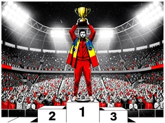 An athlete standing on the top step of a winner's podium, holding a gold trophy above their head, wearing a red tracksuit with a national flag draped over their shoulders. A packed stadium crowd fills the background under bright arena floodlights. Hard top-down white light, crushed black shadows beneath the podium. Atmosphere is triumphant and electric. Raw photocopy zine aesthetic, brutalist DIY print energy with high-contrast pure white #FFFFFF and pure black #000000, disrupted by aggressive red #FF0000 accents and muted grey #F2F2F2 mid-tones. Flat hard daylight with crushed shadows and no soft falloff. Style: brutalist zine. Mood: confrontational.