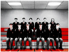 A group of twelve students in school uniforms arranged in two rows on a gymnasium bleacher, all looking at the camera with neutral expressions. Bright flat gymnasium fluorescent lighting from above, even exposure across all faces, no shadows. A plain grey wall behind them. Atmosphere is institutional and documentary. Raw photocopy zine aesthetic, brutalist DIY print energy with high-contrast pure white #FFFFFF and pure black #000000, disrupted by aggressive red #FF0000 accents and muted grey #F2F2F2 mid-tones. Flat hard daylight with crushed shadows and no soft falloff. Style: brutalist zine. Mood: confrontational.