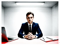 A confident professional in a sharp navy suit sitting at a minimalist office desk, hands folded, looking directly into the camera. Clean white walls behind, a laptop and notepad on the desk. Flat overhead fluorescent light casting hard even shadows, cool white tone. Atmosphere is formal and composed. Raw photocopy zine aesthetic, brutalist DIY print energy with high-contrast pure white #FFFFFF and pure black #000000, disrupted by aggressive red #FF0000 accents and muted grey #F2F2F2 mid-tones. Flat hard daylight with crushed shadows and no soft falloff. Style: brutalist zine. Mood: confrontational.