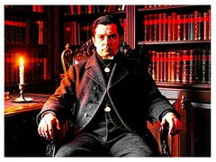 A figure dressed in 19th-century aristocratic attire — high collar, dark wool coat, and pocket watch chain — seated in a carved wooden chair inside a dimly lit study lined with leather-bound books. A single candle on the desk throws warm amber light across one side of the scene, leaving the other in deep shadow. Atmosphere is austere and timeless. Raw photocopy zine aesthetic, brutalist DIY print energy with high-contrast pure white #FFFFFF and pure black #000000, disrupted by aggressive red #FF0000 accents and muted grey #F2F2F2 mid-tones. Flat hard daylight with crushed shadows and no soft falloff. Style: brutalist zine. Mood: confrontational.