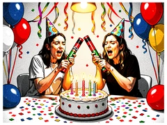 Two people in festive party hats blowing noisemakers at a birthday party table covered in confetti and balloons, a large decorated cake in the foreground with lit candles, bright warm party lighting from above with colourful streamers catching the light, joyful and celebratory atmosphere with a sense of shared excitement. Raw photocopy zine aesthetic, brutalist DIY print energy with high-contrast pure white #FFFFFF and pure black #000000, disrupted by aggressive red #FF0000 accents and muted grey #F2F2F2 mid-tones. Flat hard daylight with crushed shadows and no soft falloff. Style: brutalist zine. Mood: confrontational.