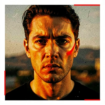 A frame from a cinematic GIF clip where a movie character's face has been replaced with a new face that matches the dramatic lighting of the original scene, warm golden-hour tones falling across the cheekbones, the background remaining unchanged and the overall result indistinguishable from the source footage. Raw photocopy zine aesthetic, brutalist DIY print energy with high-contrast pure white #FFFFFF and pure black #000000, disrupted by aggressive red #FF0000 accents and muted grey #F2F2F2 mid-tones. Flat hard daylight with crushed shadows and no soft falloff. Style: brutalist zine. Mood: confrontational.