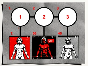 A flat-lay template sheet showing three numbered face placeholder circles arranged in a row above a group GIF frame preview, each circle connected by a bold black line to a corresponding figure in the animation, the sheet printed on grey paper with red numbering, harsh flat studio lighting, clean and diagrammatic. Raw photocopy zine aesthetic, brutalist DIY print energy with high-contrast pure white #FFFFFF and pure black #000000, disrupted by aggressive red #FF0000 accents and muted grey #F2F2F2 mid-tones. Flat hard daylight with crushed shadows and no soft falloff. Style: brutalist zine. Mood: confrontational.
