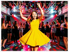 A young woman in a bright yellow dress dancing energetically on a neon-lit dance floor, arms raised mid-spin, surrounded by colorful disco lights reflecting off a mirrored ceiling, her expression joyful and animated, sharp studio-style frontal lighting with vivid color contrast, dynamic and celebratory atmosphere. Raw photocopy zine aesthetic, brutalist DIY print energy with high-contrast pure white #FFFFFF and pure black #000000, disrupted by aggressive red #FF0000 accents and muted grey #F2F2F2 mid-tones. Flat hard daylight with crushed shadows and no soft falloff. Style: brutalist zine. Mood: confrontational.