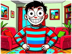 A cartoon-style animated character with exaggerated round eyes and a wide grin standing in a colourful illustrated living room, wearing a striped sweater, hands on hips in a confident pose, bright flat cel-shaded lighting with bold outlines and saturated primary colours, playful and energetic animated atmosphere. Raw photocopy zine aesthetic, brutalist DIY print energy with high-contrast pure white #FFFFFF and pure black #000000, disrupted by aggressive red #FF0000 accents and muted grey #F2F2F2 mid-tones. Flat hard daylight with crushed shadows and no soft falloff. Style: brutalist zine. Mood: confrontational.