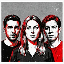 A single GIF frame from a group scene where three different people's faces have each been individually replaced with new faces, all blending naturally into the original animated background, consistent lighting across all three subjects, the composition looking like an authentic group moment rather than an edited image. Raw photocopy zine aesthetic, brutalist DIY print energy with high-contrast pure white #FFFFFF and pure black #000000, disrupted by aggressive red #FF0000 accents and muted grey #F2F2F2 mid-tones. Flat hard daylight with crushed shadows and no soft falloff. Style: brutalist zine. Mood: confrontational.