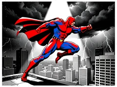 A muscular figure in a vivid red and blue superhero suit leaping off a rooftop against a stormy city skyline, cape billowing behind, fist extended forward, skyscrapers and lightning in the background, dramatic side-lit by a single harsh spotlight cutting through dark clouds, cinematic and powerful atmosphere. Raw photocopy zine aesthetic, brutalist DIY print energy with high-contrast pure white #FFFFFF and pure black #000000, disrupted by aggressive red #FF0000 accents and muted grey #F2F2F2 mid-tones. Flat hard daylight with crushed shadows and no soft falloff. Style: brutalist zine. Mood: confrontational.