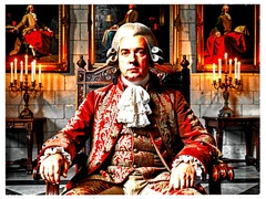 A person dressed in elaborate 18th-century aristocratic clothing seated in a carved wooden chair inside a grand candlelit hall, wearing a powdered wig and embroidered coat, oil paintings hanging on stone walls behind them, warm amber candlelight casting soft directional glow across the face and ruffled collar, regal and theatrical atmosphere. Raw photocopy zine aesthetic, brutalist DIY print energy with high-contrast pure white #FFFFFF and pure black #000000, disrupted by aggressive red #FF0000 accents and muted grey #F2F2F2 mid-tones. Flat hard daylight with crushed shadows and no soft falloff. Style: brutalist zine. Mood: confrontational.