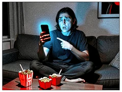 A person sitting cross-legged on a couch in a dimly lit apartment, holding a phone up and pointing at the screen with an incredulous expression, takeaway food containers on the coffee table, the only light source a cold blue glow from the phone screen illuminating their face from below, absurd and relatable internet-culture atmosphere. Raw photocopy zine aesthetic, brutalist DIY print energy with high-contrast pure white #FFFFFF and pure black #000000, disrupted by aggressive red #FF0000 accents and muted grey #F2F2F2 mid-tones. Flat hard daylight with crushed shadows and no soft falloff. Style: brutalist zine. Mood: confrontational.