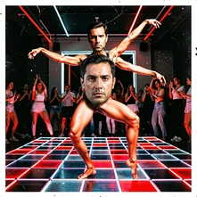 A finished GIF frame showing a person's face seamlessly integrated onto a dancer's body mid-move on a neon dance floor, the skin tone and lighting matching the original animation perfectly, the result looking natural and uninterrupted across the motion sequence, vivid colours and sharp detail throughout. Raw photocopy zine aesthetic, brutalist DIY print energy with high-contrast pure white #FFFFFF and pure black #000000, disrupted by aggressive red #FF0000 accents and muted grey #F2F2F2 mid-tones. Flat hard daylight with crushed shadows and no soft falloff. Style: brutalist zine. Mood: confrontational.