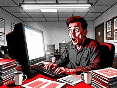 A man sitting at a cluttered office desk staring wide-eyed at a glowing computer monitor, mouth slightly open in exaggerated surprise, stacks of papers and empty coffee cups around him, harsh overhead fluorescent lighting casting sharp shadows under his brow, the scene feels absurdly relatable and comedic. Raw photocopy zine aesthetic, brutalist DIY print energy with high-contrast pure white #FFFFFF and pure black #000000, disrupted by aggressive red #FF0000 accents and muted grey #F2F2F2 mid-tones. Flat hard daylight with crushed shadows and no soft falloff. Style: brutalist zine. Mood: confrontational.
