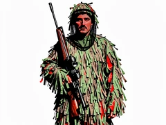 A sniper in a full ghillie suit made of shredded green and brown fabric stands against a white background, face clearly visible beneath a mesh veil pushed aside, rifle slung over one shoulder, posture relaxed but alert, flat harsh overhead light creating stark black shadow lines across the layered fabric texture. Raw photocopy zine aesthetic, brutalist DIY print energy with high-contrast pure white #FFFFFF and pure black #000000, disrupted by aggressive red #FF0000 accents and muted grey #F2F2F2 mid-tones. Flat hard daylight with crushed shadows and no soft falloff. Style: brutalist zine. Mood: confrontational.