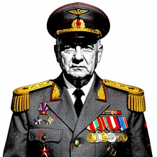 A finished portrait of a middle-aged man in a formal military officer uniform, chest lined with colourful medals and orders, gold epaulettes on the shoulders, peaked cap straight on the head, face fully rendered with a dignified expression, white background, flat harsh light creating dense black shadows under every horizontal edge of the uniform. Raw photocopy zine aesthetic, brutalist DIY print energy with high-contrast pure white #FFFFFF and pure black #000000, disrupted by aggressive red #FF0000 accents and muted grey #F2F2F2 mid-tones. Flat hard daylight with crushed shadows and no soft falloff. Style: brutalist zine. Mood: confrontational.