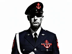 A marine in black beret and dark navy dress uniform stands at parade rest, face forward with a resolute expression, anchor insignia gleaming on the chest, white lanyard crossing the shoulder, photographed against a stark white backdrop, hard flat light from above casting dense black shadows under the brim and collar seams, no ambient fill. Raw photocopy zine aesthetic, brutalist DIY print energy with high-contrast pure white #FFFFFF and pure black #000000, disrupted by aggressive red #FF0000 accents and muted grey #F2F2F2 mid-tones. Flat hard daylight with crushed shadows and no soft falloff. Style: brutalist zine. Mood: confrontational.