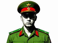 A border guard in a green dress uniform and a green peaked cap with a red band stands at attention, face forward with a serious expression, gold badge on the cap, shoulder boards with green piping, white background, flat overhead light with no fill creating dense black shadows under the cap brim and chin. Raw photocopy zine aesthetic, brutalist DIY print energy with high-contrast pure white #FFFFFF and pure black #000000, disrupted by aggressive red #FF0000 accents and muted grey #F2F2F2 mid-tones. Flat hard daylight with crushed shadows and no soft falloff. Style: brutalist zine. Mood: confrontational.