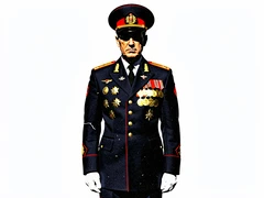 A military officer in a formal parade uniform stands upright facing the camera, dark navy jacket covered in gold medals and ribbons, peaked cap with a red band, white gloves at his sides, photographed against a pure white background, face sharply detailed with a composed expression, flat harsh studio light eliminating all soft shadows. Raw photocopy zine aesthetic, brutalist DIY print energy with high-contrast pure white #FFFFFF and pure black #000000, disrupted by aggressive red #FF0000 accents and muted grey #F2F2F2 mid-tones. Flat hard daylight with crushed shadows and no soft falloff. Style: brutalist zine. Mood: confrontational.