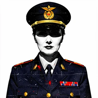 A finished portrait of a woman in a formal military dress uniform, dark navy jacket with gold buttons and a service ribbon bar on the chest, peaked cap with gold insignia, face fully visible with a composed expression, white background, flat daylight from directly above casting sharp black shadows under the cap brim and collar, high-contrast zine print texture across the fabric. Raw photocopy zine aesthetic, brutalist DIY print energy with high-contrast pure white #FFFFFF and pure black #000000, disrupted by aggressive red #FF0000 accents and muted grey #F2F2F2 mid-tones. Flat hard daylight with crushed shadows and no soft falloff. Style: brutalist zine. Mood: confrontational.