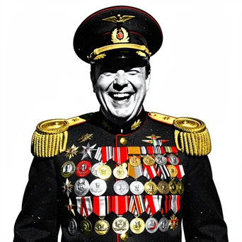 A finished humorous portrait of a person in an oversized general uniform with comically large gold shoulder boards and an enormous peaked cap tilted forward, face fully visible with a wide grin, chest covered in absurdly many medals stacked in rows, white background, flat harsh overhead light with hard black shadows, high-contrast photocopy grain across the entire image. Raw photocopy zine aesthetic, brutalist DIY print energy with high-contrast pure white #FFFFFF and pure black #000000, disrupted by aggressive red #FF0000 accents and muted grey #F2F2F2 mid-tones. Flat hard daylight with crushed shadows and no soft falloff. Style: brutalist zine. Mood: confrontational.