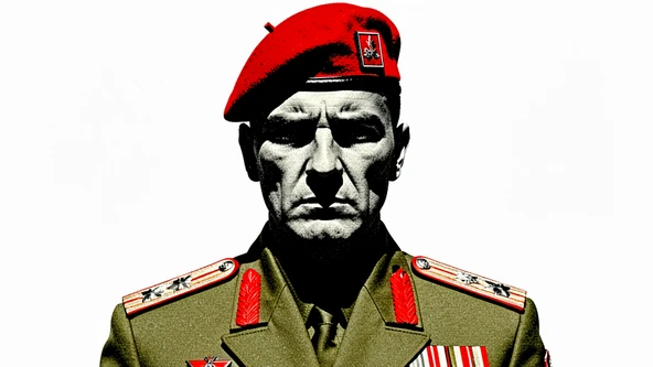 A bold close-up portrait of a soldier in full military dress uniform standing at attention against a stark white background, face sharply rendered with strong jaw and direct gaze, olive-green jacket with medals and epaulettes catching flat overhead light, deep black shadows under the collar and cap brim, red beret tilted precisely, no soft gradients anywhere. Flat hard daylight with crushed shadows and no soft falloff. Style: brutalist zine. Mood: confrontational. Raw photocopy zine aesthetic, brutalist DIY print energy with high-contrast pure white #FFFFFF and pure black #000000, disrupted by aggressive red #FF0000 accents and muted grey #F2F2F2 mid-tones. Flat hard daylight with crushed shadows and no soft falloff. Style: brutalist zine. Mood: confrontational.