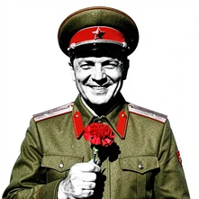 A finished portrait of a man in Soviet-era military dress uniform holding a red carnation flower, face clearly visible with a proud smile, olive jacket with red collar tabs, peaked cap with a red star badge, white background, flat overhead light with crushed black shadows, the overall image rendered with high-contrast photocopy grain. Raw photocopy zine aesthetic, brutalist DIY print energy with high-contrast pure white #FFFFFF and pure black #000000, disrupted by aggressive red #FF0000 accents and muted grey #F2F2F2 mid-tones. Flat hard daylight with crushed shadows and no soft falloff. Style: brutalist zine. Mood: confrontational.